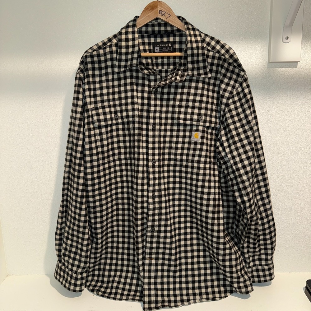 Carhartt Loose Fit Flannel Shirt XL Black White Check Plaid Work Button Up - Picture 2 of 5